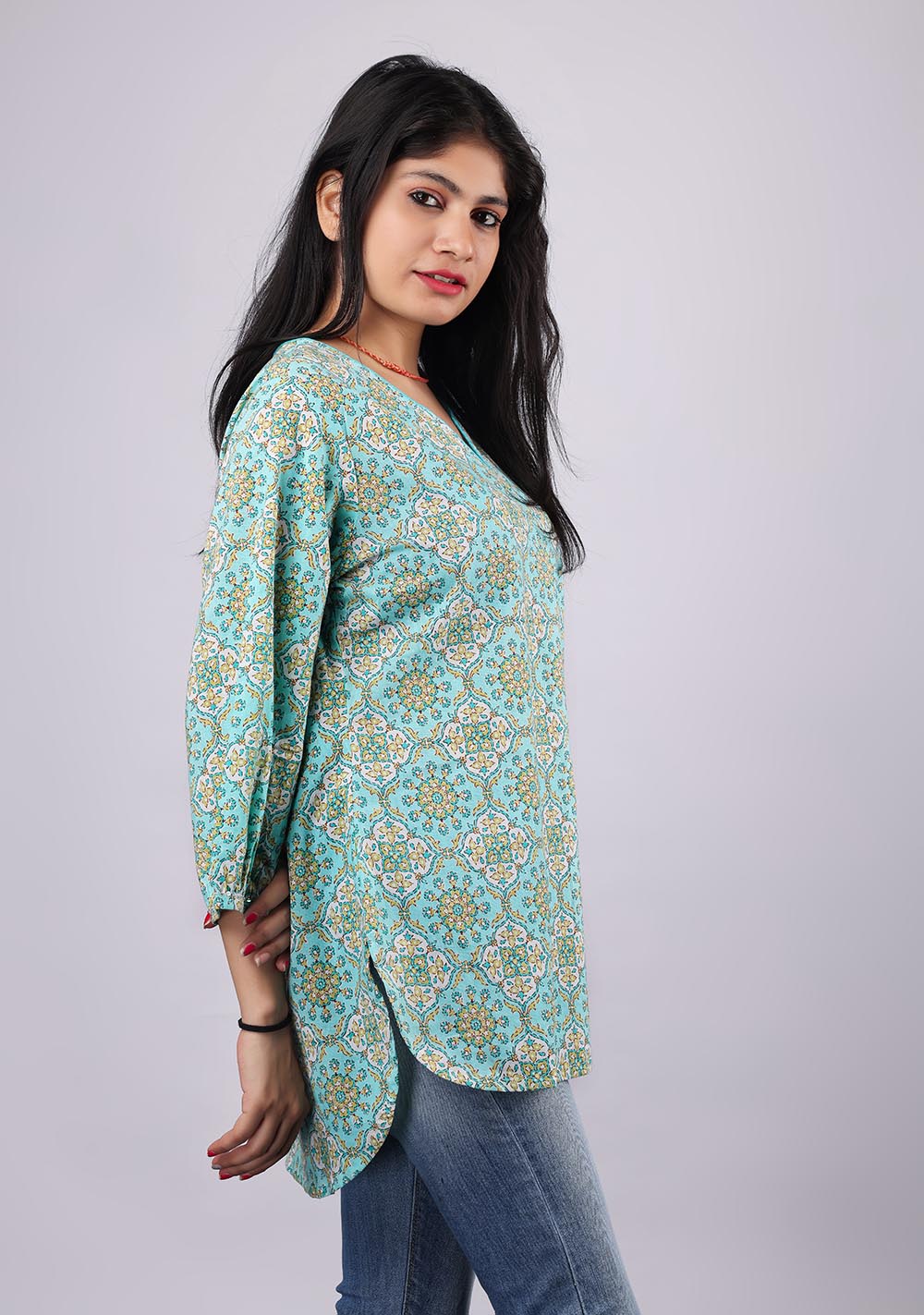 Green Printed Flared Sleeves Pure Cotton Kurti