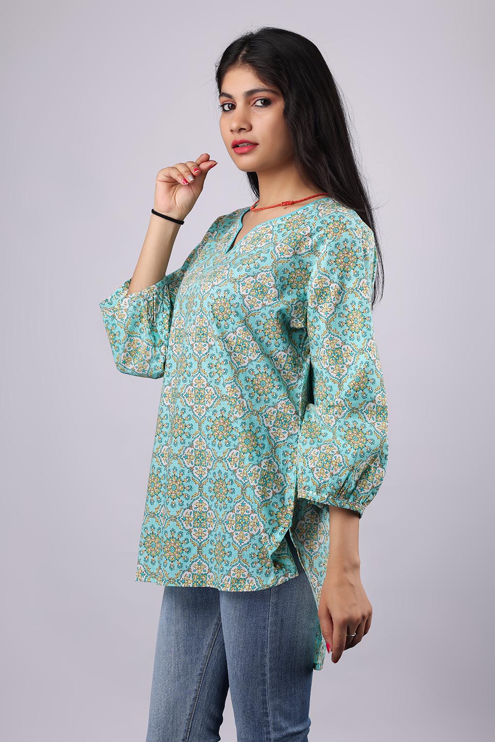 Green Printed Flared Sleeves Pure Cotton Kurti